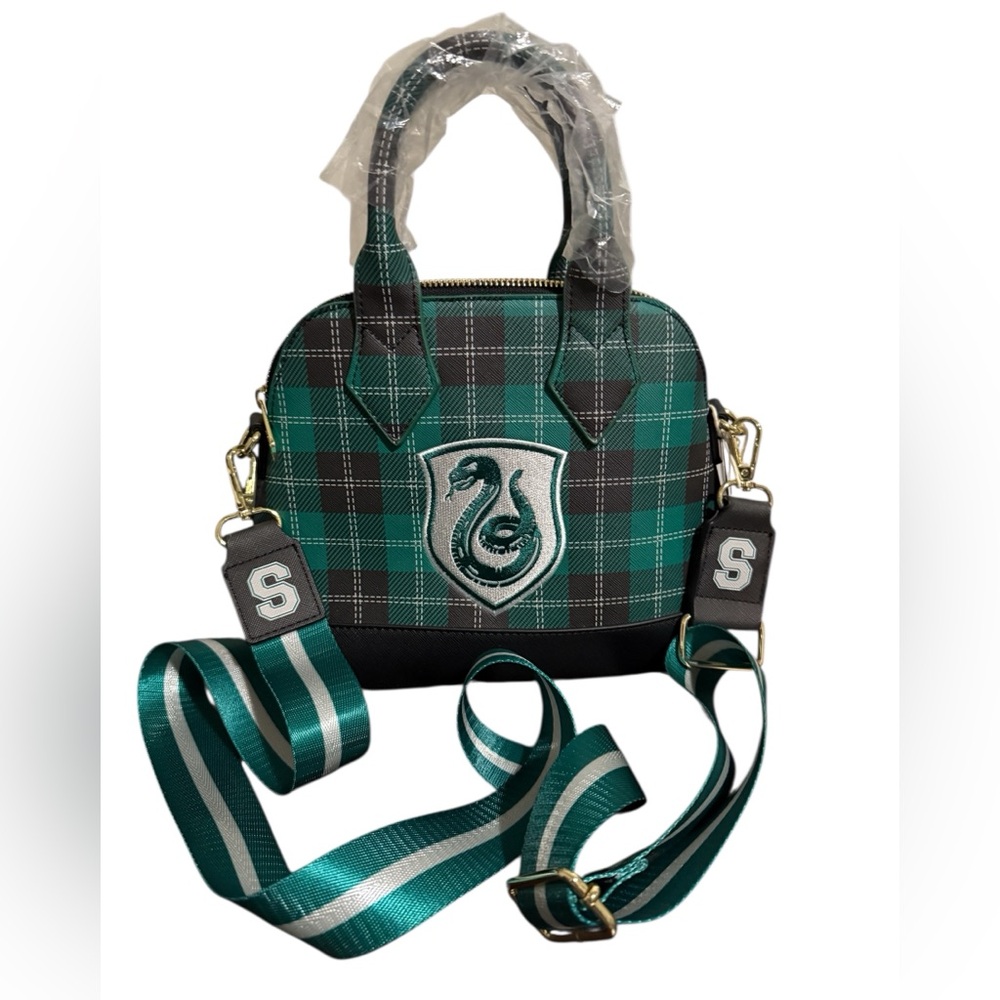 NWTS Loungefly Harry Potter Slytherin Patch Varsity Plaid Crossbody Bag, Multi - Picture 7 of 12